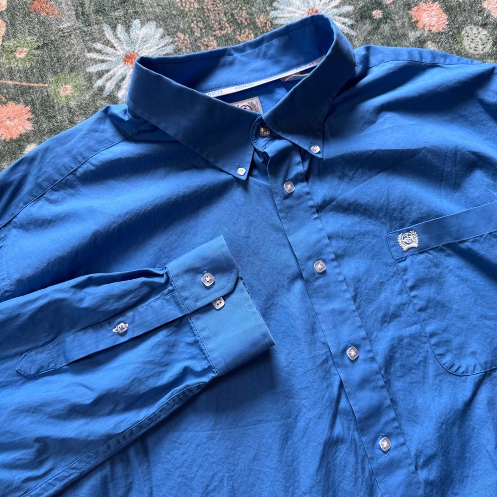 Cinch Mens XL Blue Long Sleeve Button Down Western Shirt MTW1103799 Solid Cotton